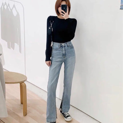 Ladies High Rise Straight Leg Jeans with Side Slit
