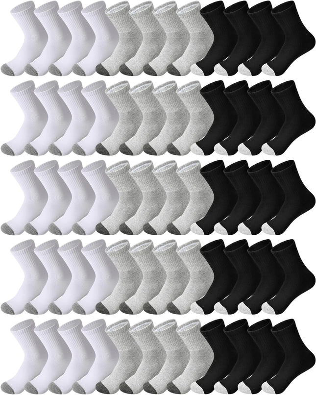 Hicarer 32 Pairs Men Cotton Socks Bulk Athletic Ankle Socks Thick Cushion Socks for Men Women Homeless(White Black Gray9-12)