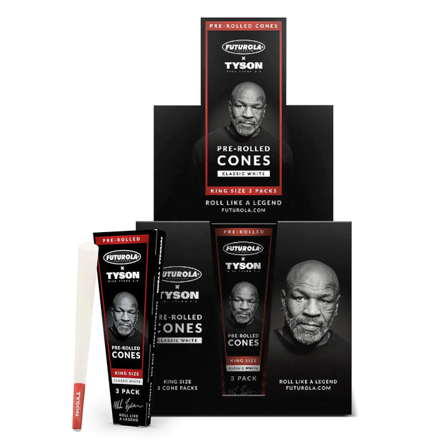 Tyson 2.0 x Futurola Pre-Rolled Cones with Tyson Tip - Classic White| Premium Pre-Rolled Tubes with Filter Tip King Size Artisanal Cones Handcrafted with Thinnest Rolling Paper | 30 * 3 (90 Cones)