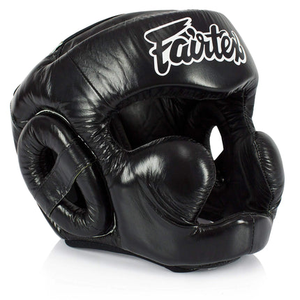 Fairtex HG13L Genuine Leather Boxing Headgear - MMA & Muay Thai Protection with Adjustable Straps and Multi-Layered Shock Absorption - Ideal for Boxing Sparring and Martial Arts(Black/Large)