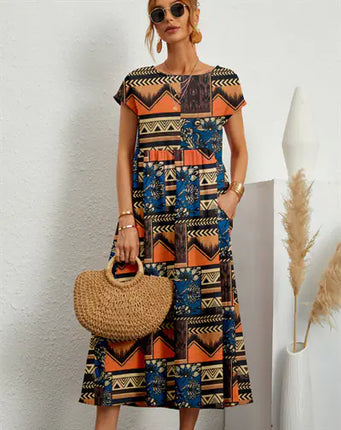 Loose Cotton Linen Sleeveless Printed Summer Dress